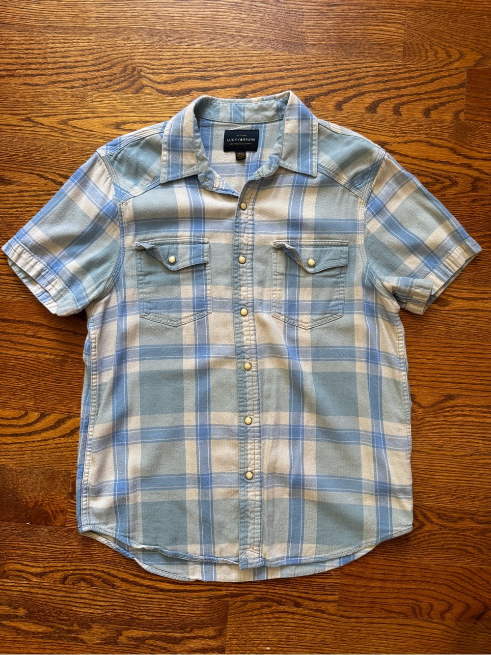 Lucky Brand Mens Small Blue Plaid Pearl Snap Western Shirt Short Sleeve